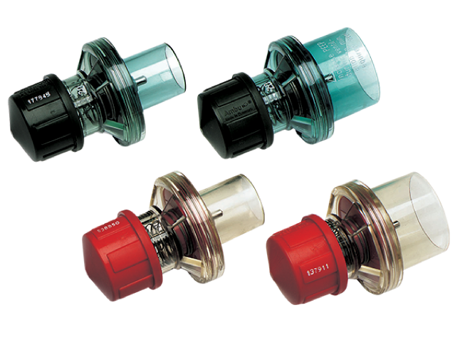 Fem av Ambus PEEP-ventiler i olika färger och storlekar