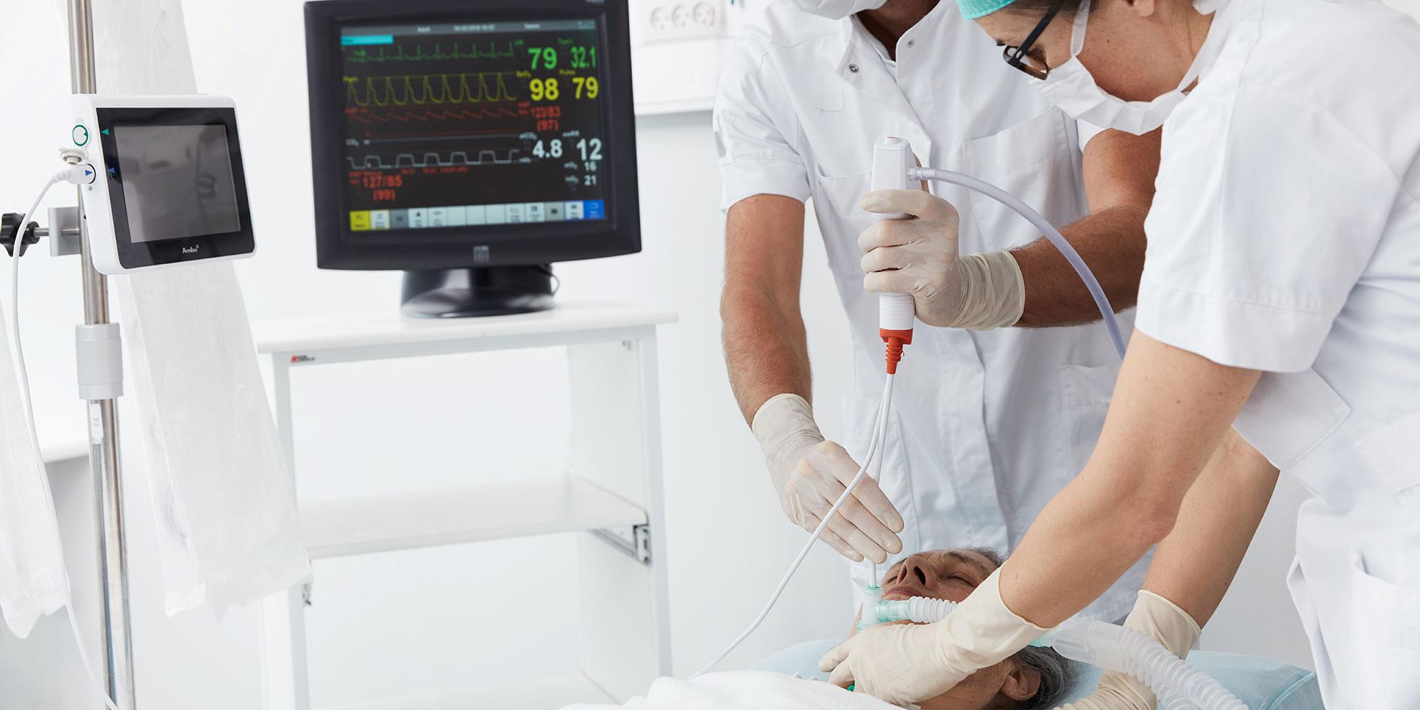 The Ambu® aScope™ 4 Broncho Large and aView monitor being used in a pulmonary procedure.