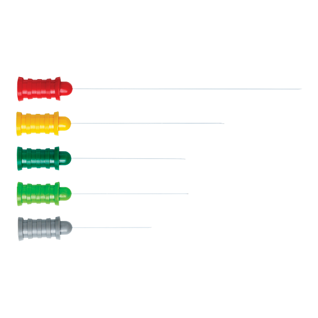 Fem forskellige størrelser af Ambus Neuroline Monopolar nåleelektrode